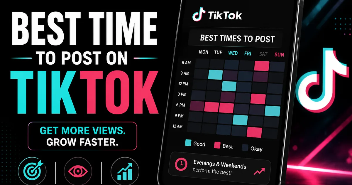 The Best Time to Post on TikTok in 2026 (With Honest Caveats) Illustrated BoostHill guide titled Best Time to Post on TikTok, showing a phone with a weekly heatmap of best posting times and tips to reach more viewers