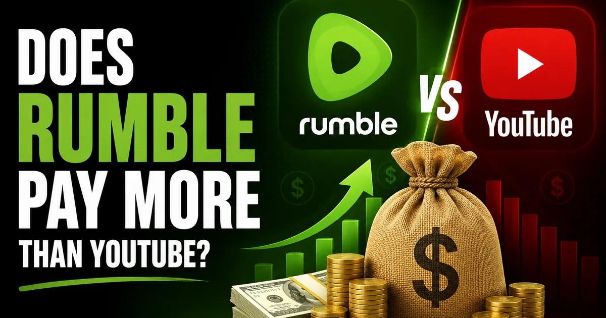 Does Rumble Pay More Than YouTube? An Honest Look (2026) BoostHill comparison graphic, Does Rumble Pay More Than YouTube, contrasting the two video platforms with rising earnings charts and a bag of money