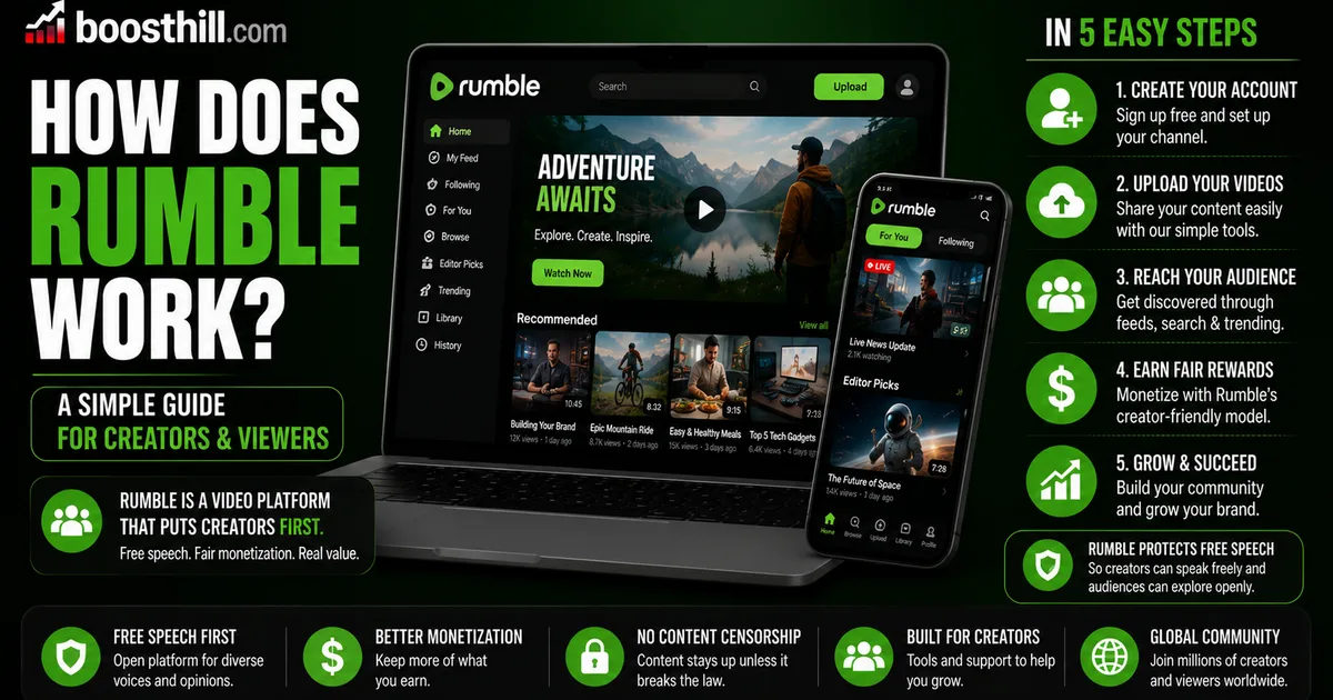 How Does Rumble Work? Illustrated BoostHill guide titled How Does Rumble Work, showing the Rumble video platform on a laptop and phone with a five-step explainer for creators and viewers