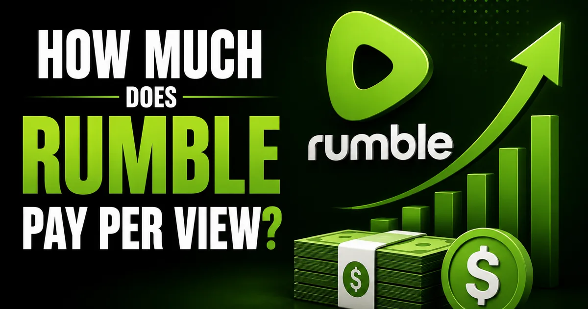 How Much Does Rumble Pay Per View? (CPM, RPM & Realistic Ranges) Illustrated BoostHill guide titled How Much Does Rumble Pay Per View, showing the Rumble logo with stacks of cash and a rising revenue chart