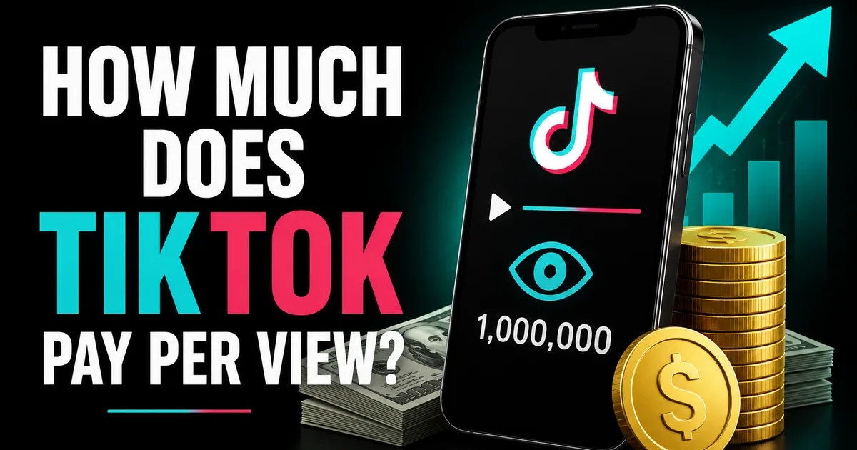 How Much Does TikTok Pay Per View in 2026? Illustrated BoostHill guide titled How Much Does TikTok Pay Per View, showing a phone with the TikTok logo, a one-million-view counter, cash and a rising earnings chart