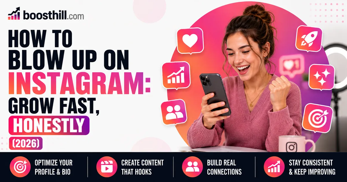 How to Blow Up on Instagram: Grow Fast, Honestly (2026) Featured image for the BoostHill guide on blowing up on Instagram โ an excited creator on her phone surrounded by likes, growth and engagement icons.