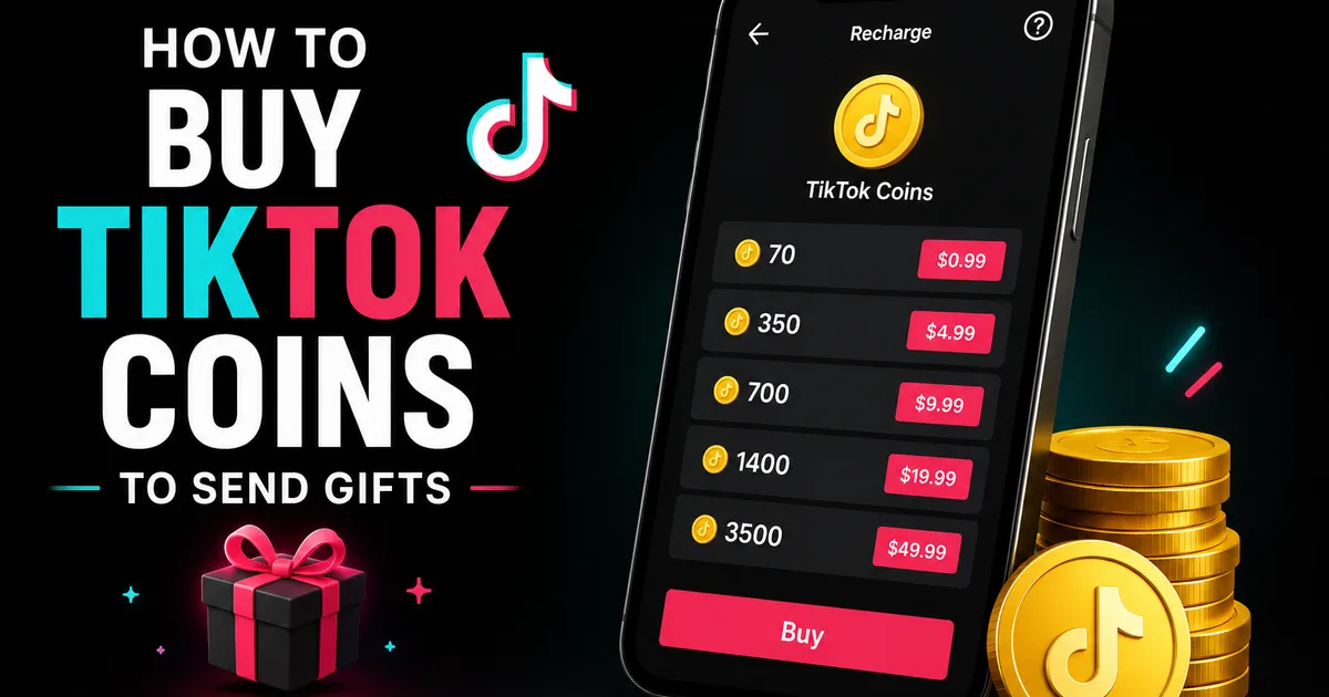 How to Buy TikTok Coins to Send Gifts (2026 Guide) Illustrated BoostHill guide titled How to Buy TikTok Coins to Send Gifts, showing a phone on the TikTok Coins recharge screen with coin bundles, prices and a gift box