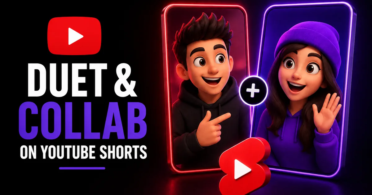 How to Duet and Collab on YouTube Shorts in 2026 Featured image for the BoostHill guide on duets and collabs on YouTube Shorts — two creators on side-by-side phone screens joined by a plus sign above the red YouTube logo