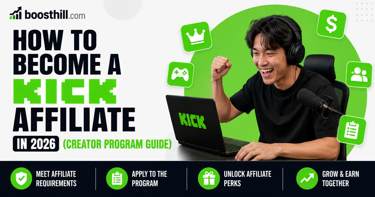 How to Become a Kick Affiliate in 2026 (Creator Program Guide) Featured image for the BoostHill guide to becoming a Kick Affiliate — an excited creator celebrating at a desk with headphones, a microphone, and a laptop showing the Kick logo.