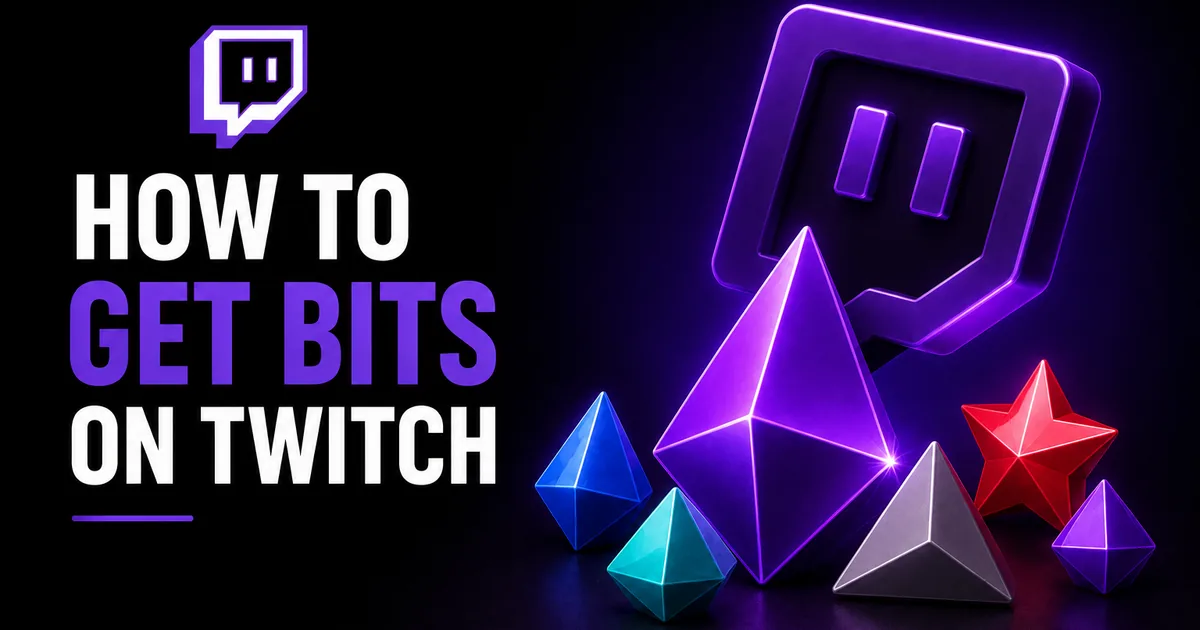 How to Get Bits on Twitch: A 2026 Guide for Viewers and Streamers Featured image for the BoostHill guide on getting Bits on Twitch. The purple Twitch logo above a cluster of glowing gem-like Bits in blue, purple, red and teal
