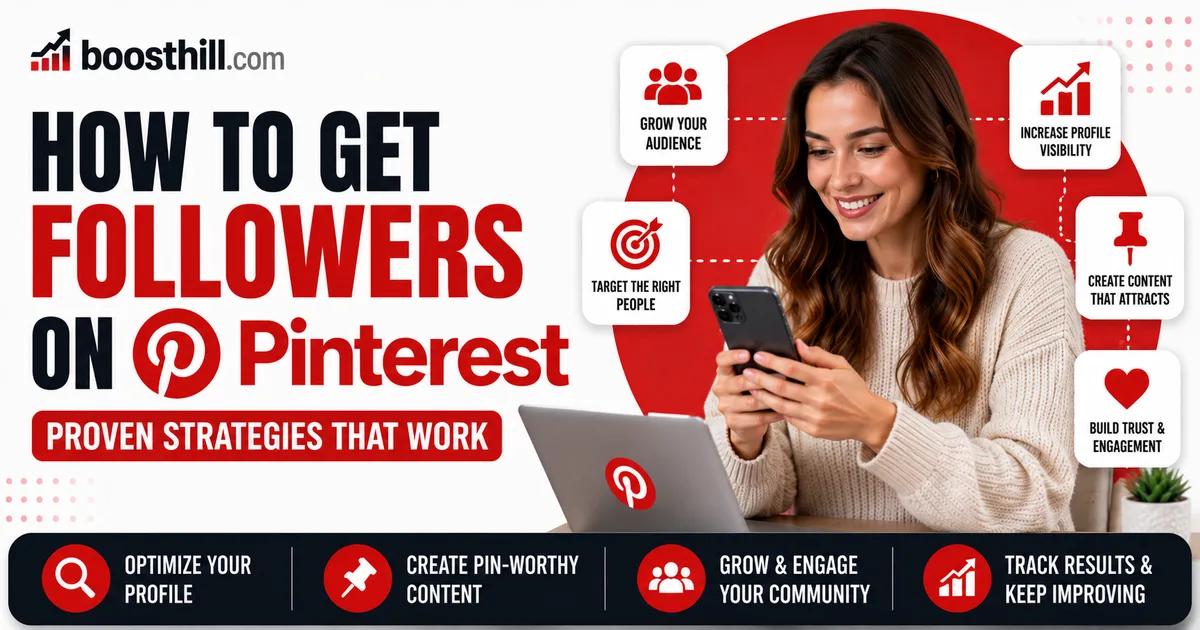 How to Get Followers on Pinterest: 2026 Growth Guide Featured image for the BoostHill guide on getting Pinterest followers — a creator on her phone with Pinterest audience-growth and engagement icons.