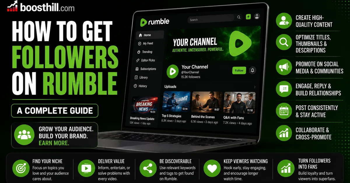 How to Get Followers on Rumble: A Practical 2026 Guide Illustrated BoostHill guide titled How to Get Followers on Rumble, showing a creator channel on Rumble with growth tips for content, titles, promotion and consistency