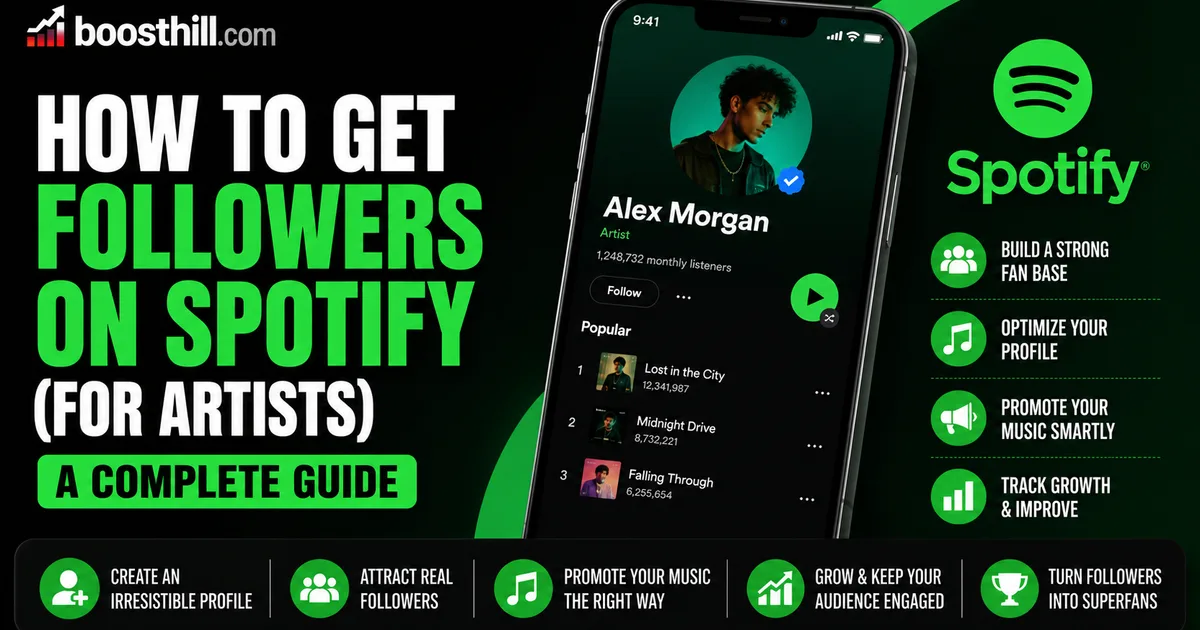 How to Get Followers on Spotify (For Artists) in 2026 Featured image for the BoostHill guide on getting Spotify followers as an artist — a Spotify artist profile on a phone with fan-growth and profile-optimization icons.