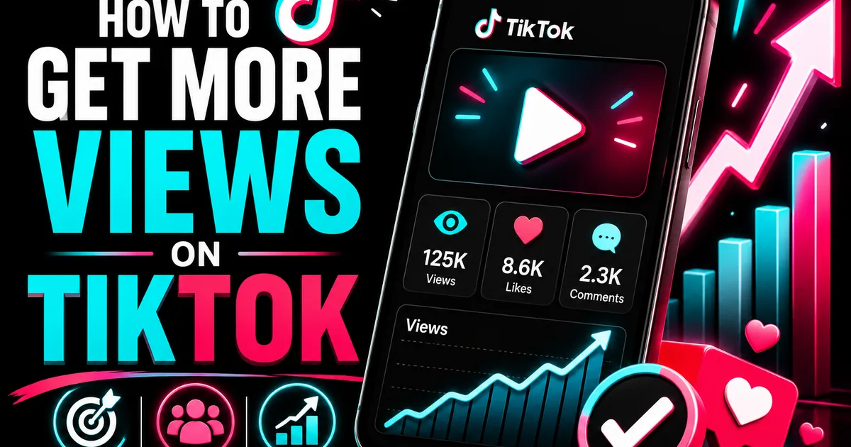 How to Get More Views on TikTok in 2026 Illustrated BoostHill guide titled How to Get More Views on TikTok, showing a phone with rising views, likes and comments on a growth chart