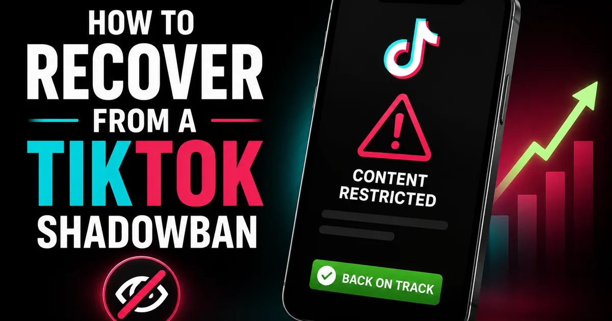 How to Recover From a TikTok Shadowban in 2026 Illustrated BoostHill guide titled How to Recover From a TikTok Shadowban, showing a phone with a content-restricted warning and a back-on-track recovery path