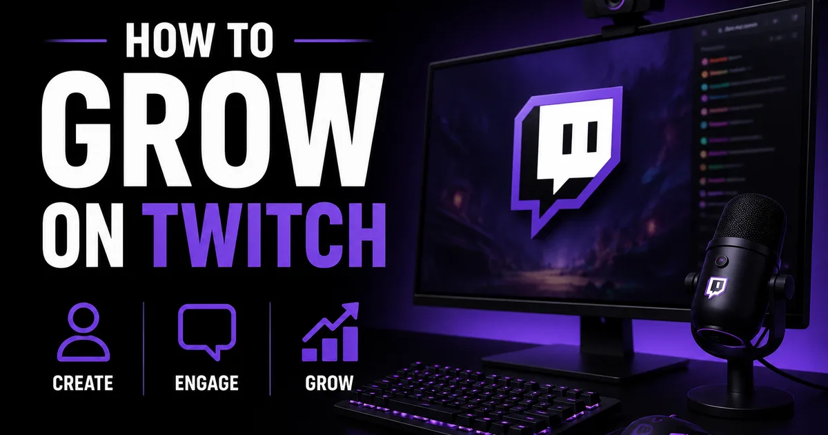 How to Grow on Twitch in 2026: A Practical Guide for New Streamers Illustrated BoostHill guide titled How to Grow on Twitch, showing a streaming setup with monitor, mic and webcam plus create, engage and grow steps