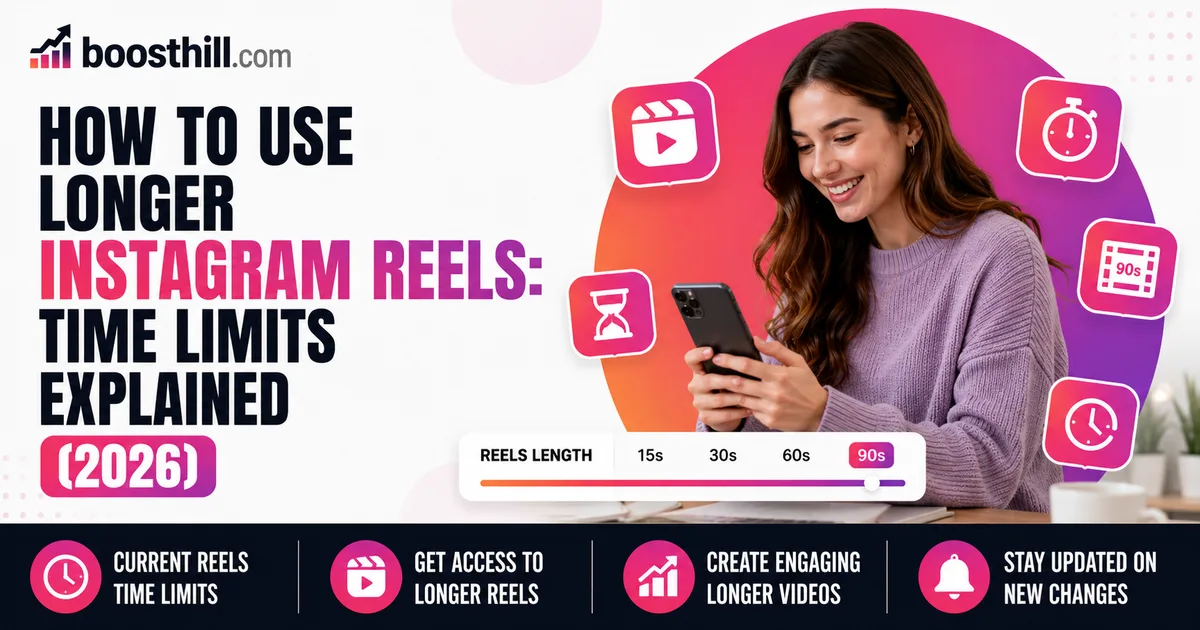 How to Use Longer Instagram Reels: Time Limits Explained (2026) Featured image for the BoostHill guide on using longer Instagram Reels โ a creator watching Reels on her phone beside a length selector showing 15s, 30s, 60s and 90s options.