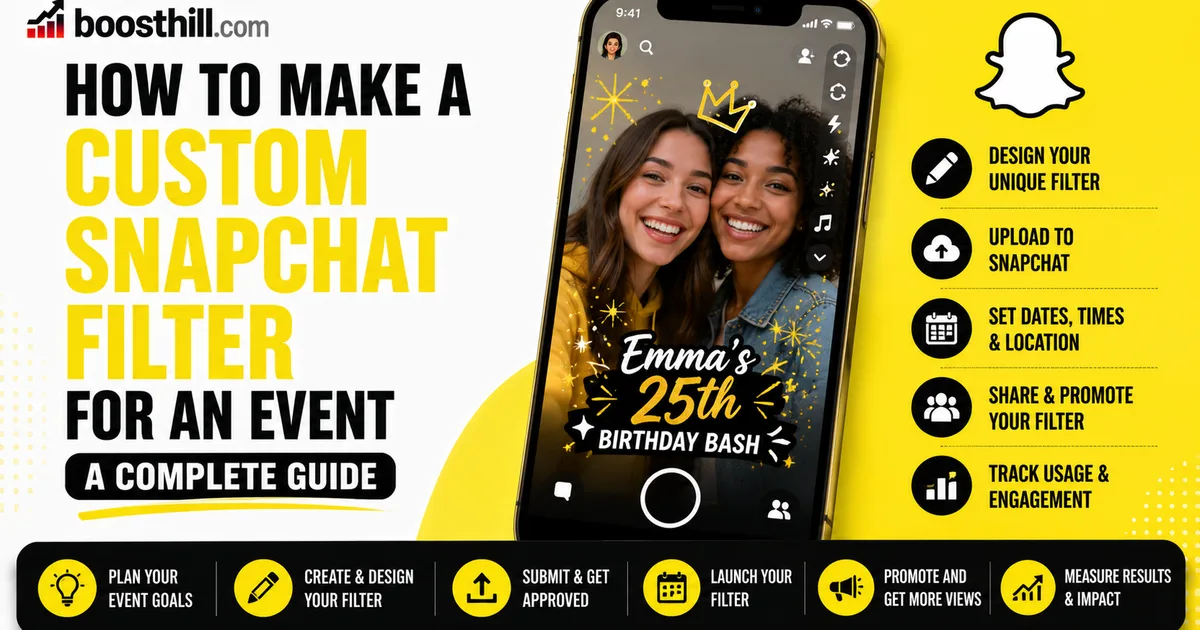 How to Make a Custom Snapchat Filter for an Event Featured image for the BoostHill guide on making a custom Snapchat filter for an event. A phone showing a birthday Snapchat geofilter with design and promotion steps.
