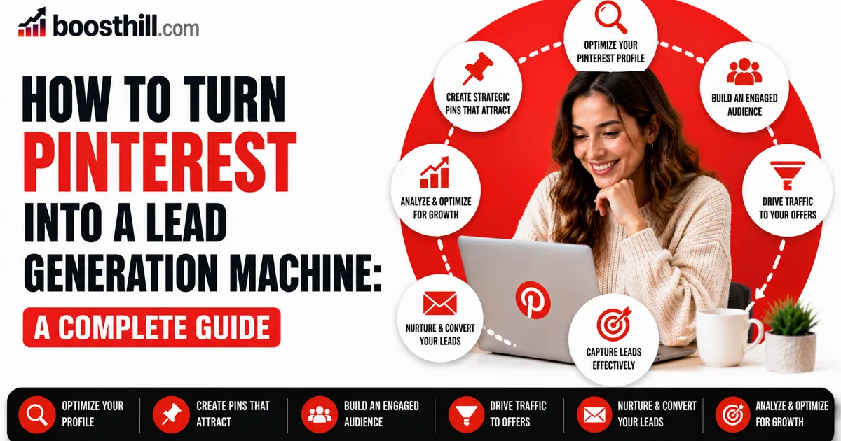 How to Make Money on Pinterest in 2026: A Practical Guide Featured image for the BoostHill guide on making money on Pinterest — a creator at a laptop with Pinterest pins, shopping and revenue icons.