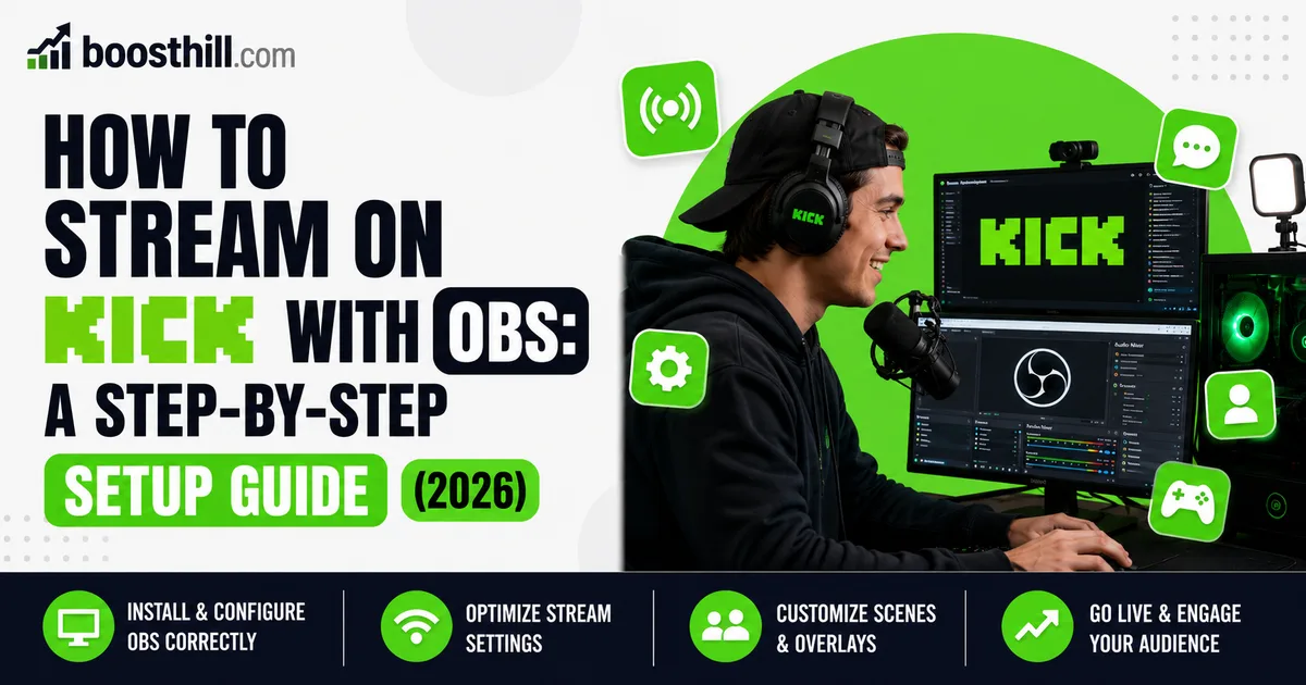 How to Stream on Kick With OBS: A Step-by-Step Setup Guide (2026) Featured image for the BoostHill guide on streaming to Kick with OBS — a headphone-wearing creator at a dual-monitor setup with OBS Studio open and a microphone.