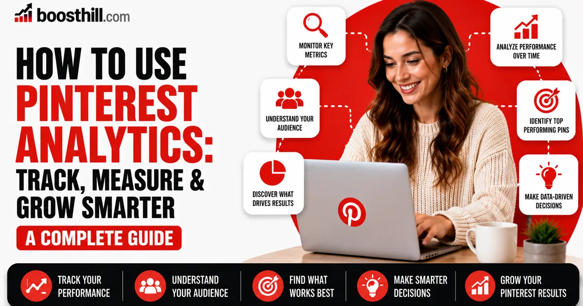 How to Use Pinterest to Drive Blog Traffic in 2026 Featured image for the BoostHill guide on using Pinterest to drive blog traffic — a creator at a laptop with Pinterest, keyword-research and website-traffic icons.