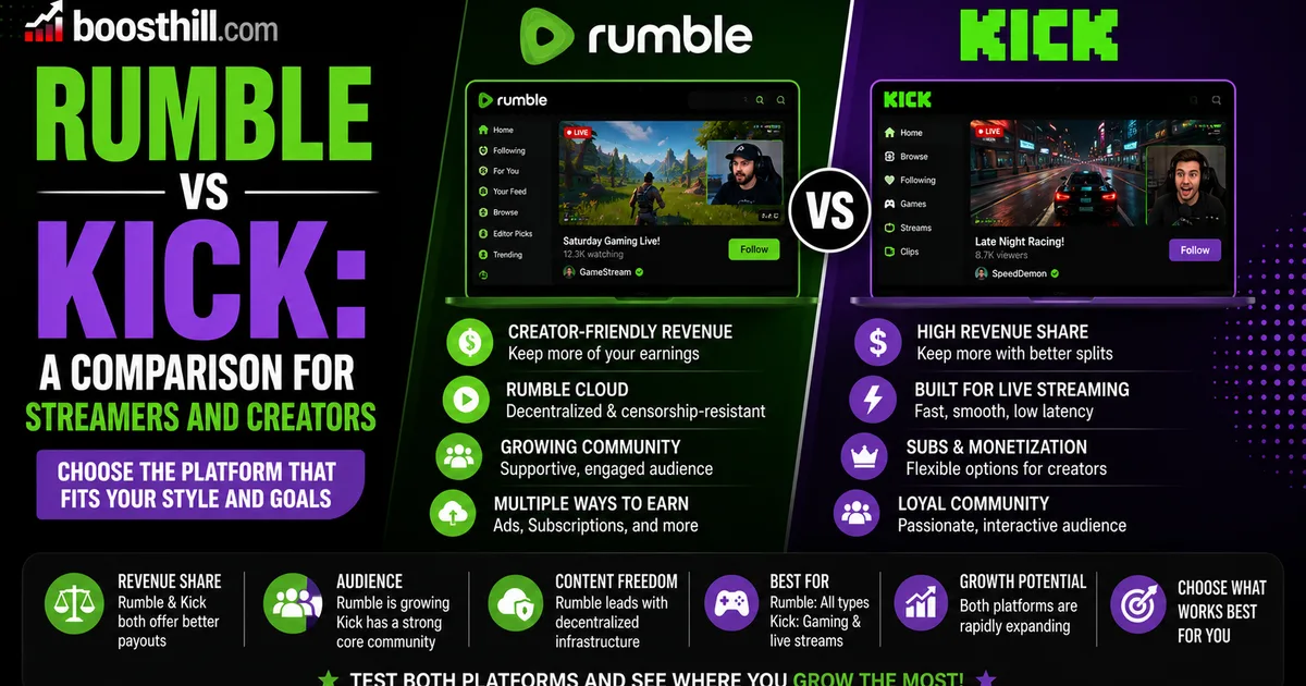 Rumble vs Kick: A Comparison for Streamers and Creators (2026) BoostHill comparison graphic, Rumble vs Kick for streamers and creators, contrasting revenue share, live streaming, community and growth potential