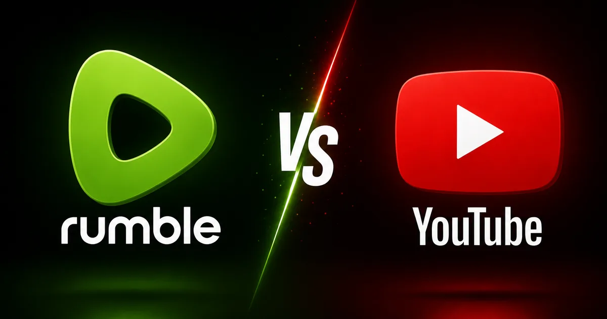Rumble vs YouTube: An Honest Comparison for Creators (2026) Rumble versus YouTube — the Rumble and YouTube logos shown side by side with a VS divider, illustrating a comparison of the two video platforms for creators