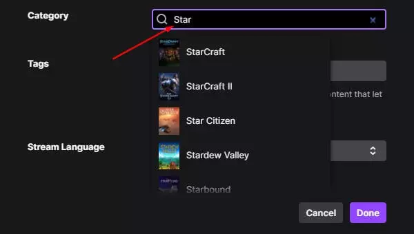 Change the game category in stream