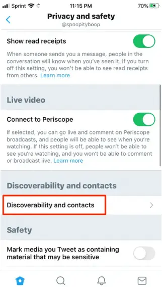 Select the option Discoverability and Contacts