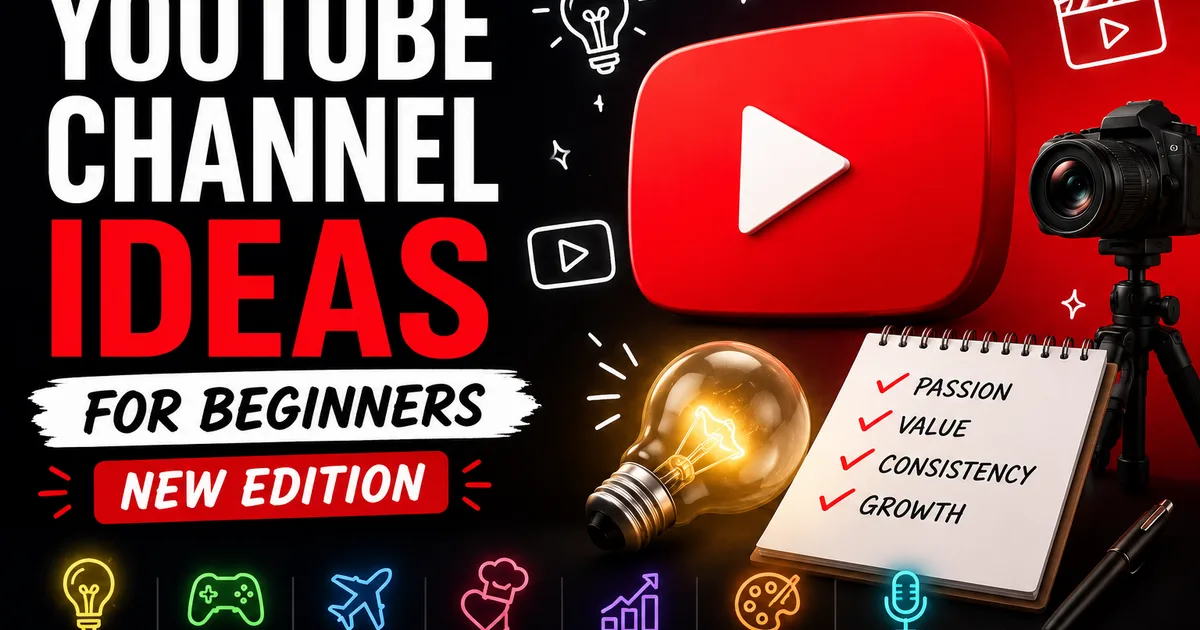 YouTube Channel Ideas for Beginners: 2026 Edition YouTube channel ideas for beginners — play button with niche icons
