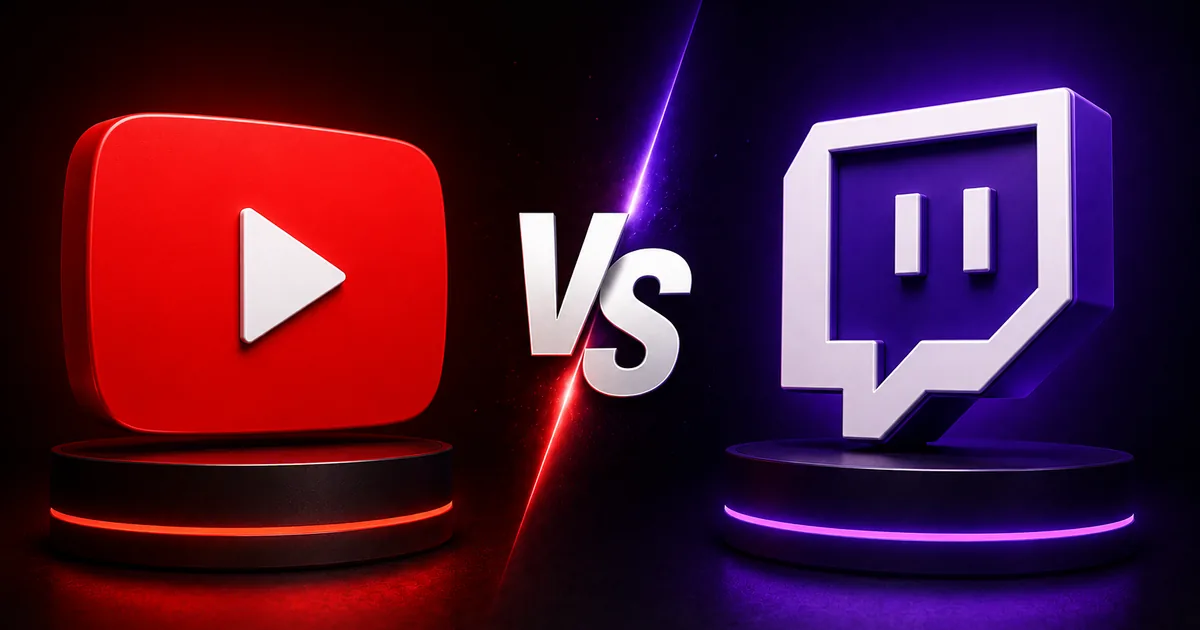 YouTube vs. Twitch for Streamers: A 2026 Comparison BoostHill comparison graphic, YouTube vs Twitch for streamers, contrasting the red YouTube play button and the purple Twitch logo on lit podiums with a VS divider